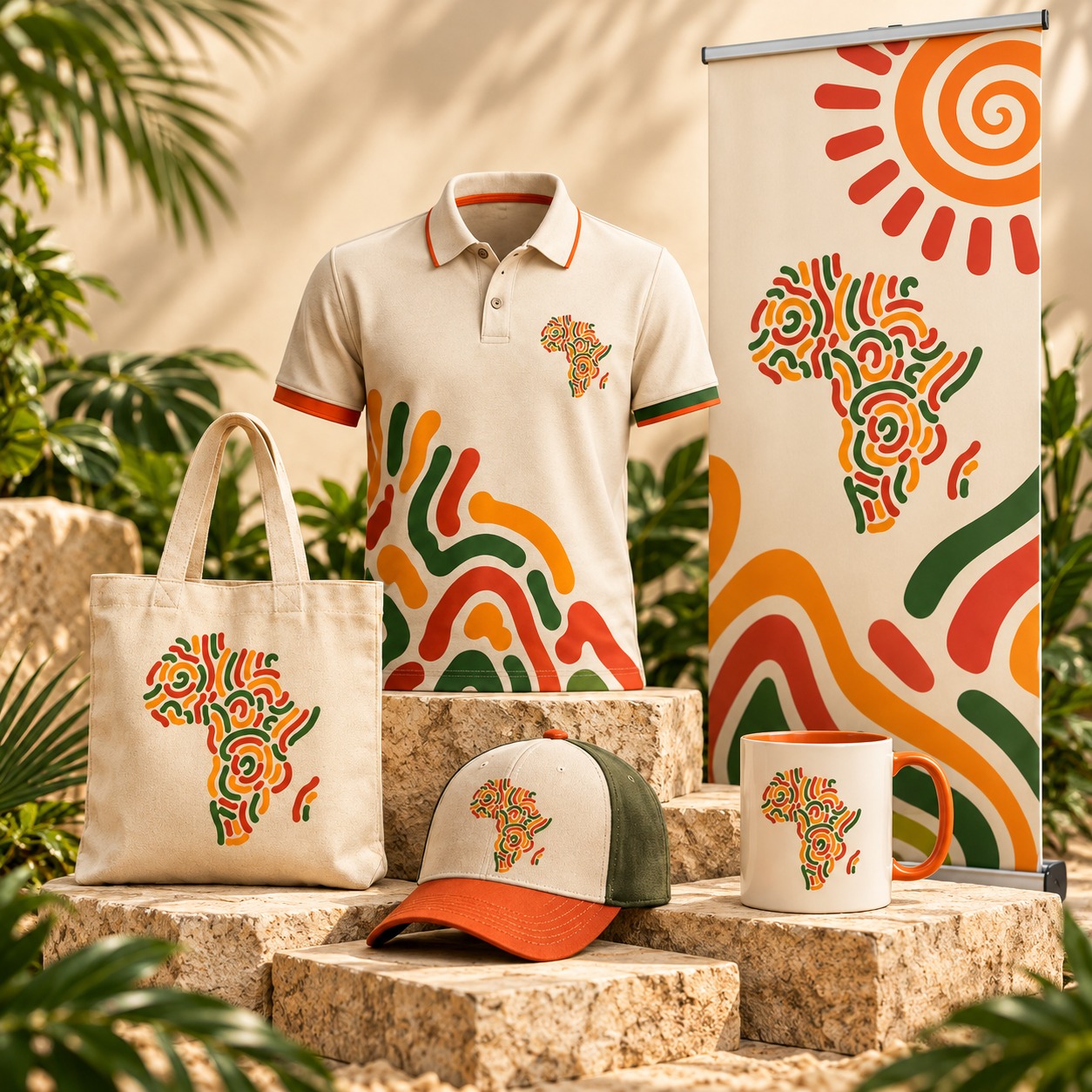 Coordinated branded apparel, tote bag, cap, mug and display banner